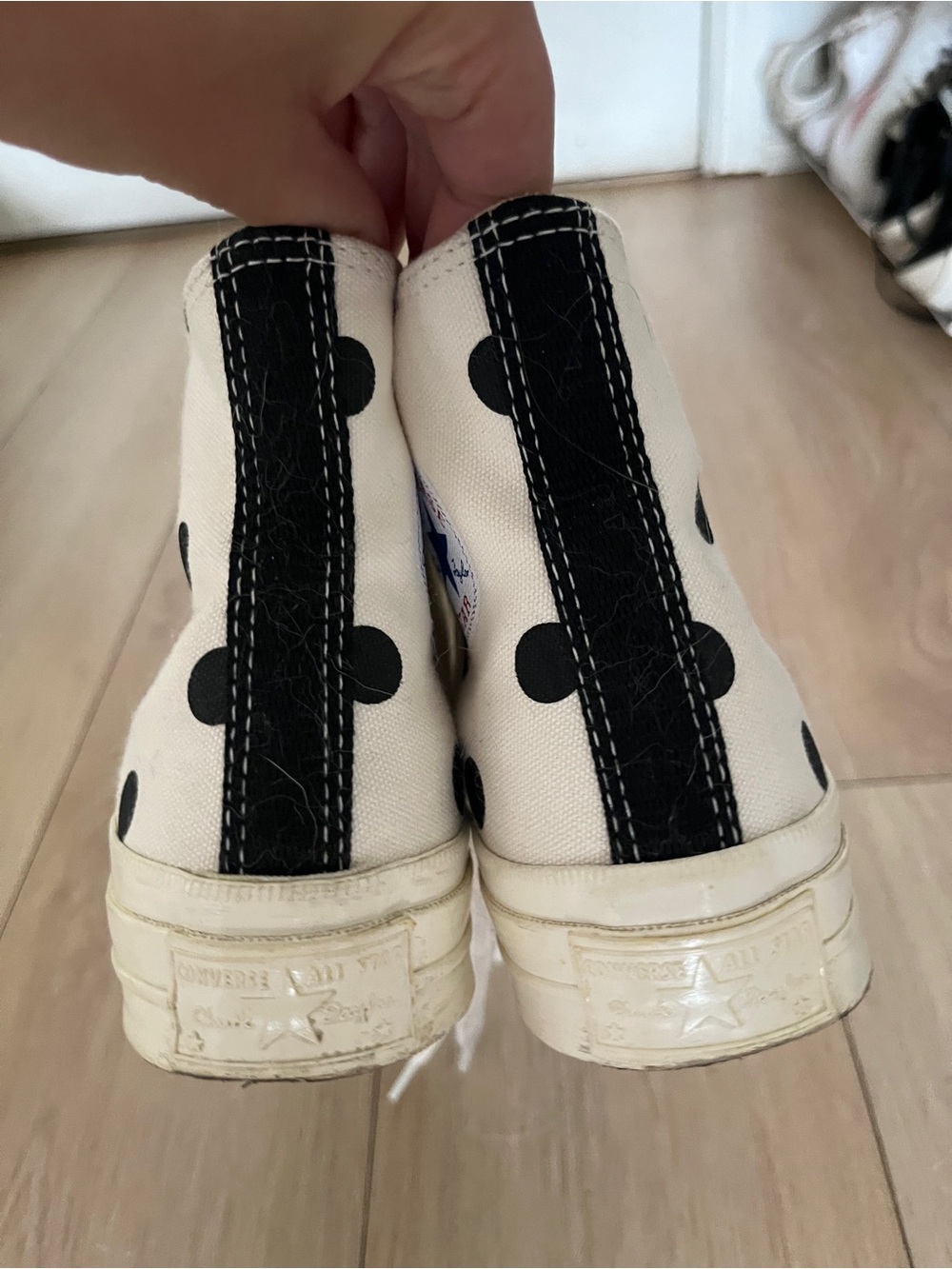 Comme des Garçons Polka Dot High-Top Sneakers in Cream with Black and Red Heart - Picture 3 of 4